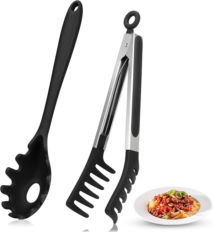 Spaghetti Spoon and Pasta Tong with Non-Slip Silicone Teeth, Food Clip for Spaghetti Noodle, Heat Resistant Kitchen Utensils with Storage Holes, Dishwasher Safe