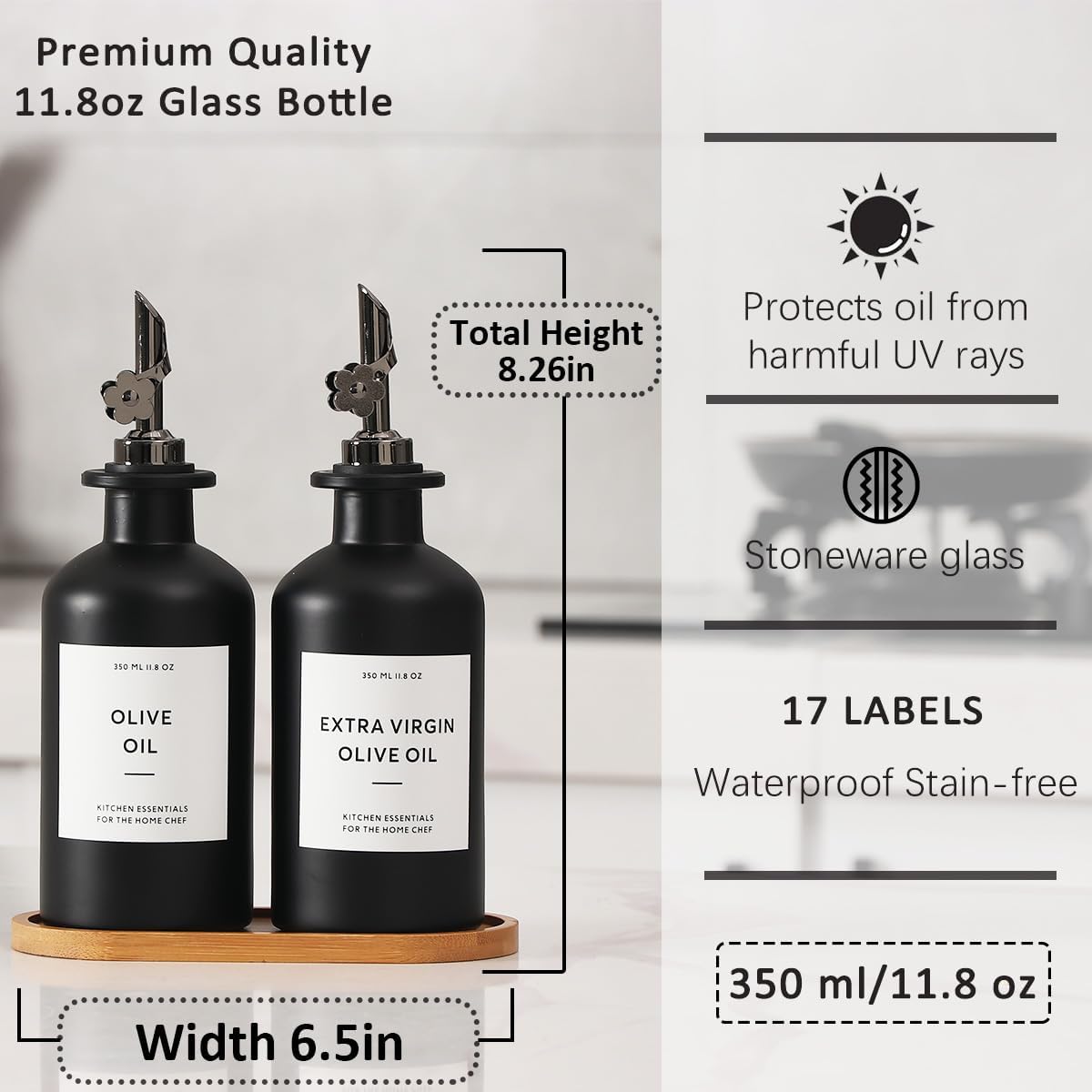 HOMCDALY Olive Oil Dispenser for Kitchen, 11.8oz Glass Kitchen Dispenser Bottle, Black Oil&Vinegar Cruet Set, Leakproof Olive Oil Bottles | Set of 2 (11.8oz – Black)
