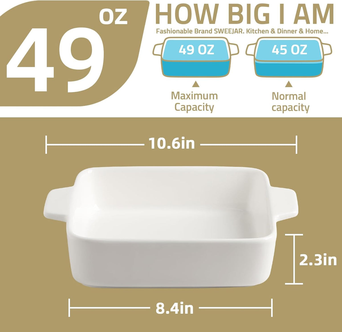 Sweejar Ceramic Baking Dish, 8 x 8 Cake Baking Pan for Brownie, Porcelain Square Bakeware with Double Handle for Casserole, Lasagna, Family Dinner (White)