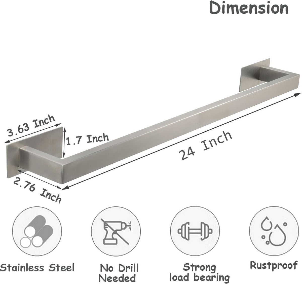 Bathroom Towel Bar Self Adhesive, No Drilling Towel Rack Easy to Install, Hand Towel Holder Made of Premium Stainless Steel Sticky on Hand Towel Hanger for Kitchen, Toilet.(24IN, Brushed)