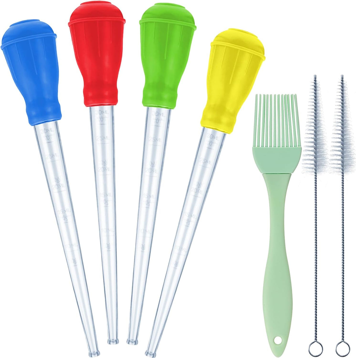 Boao 7 Pcs Heat-resistant Turkey Baster Cooking Set Includes 4pcs Large Turkey Basters for Cooking, 1 Silicone Basting Brush and 2 Cleaning Brush for BBQ Grill Butter Drippings, Glazes, Roasting Juice