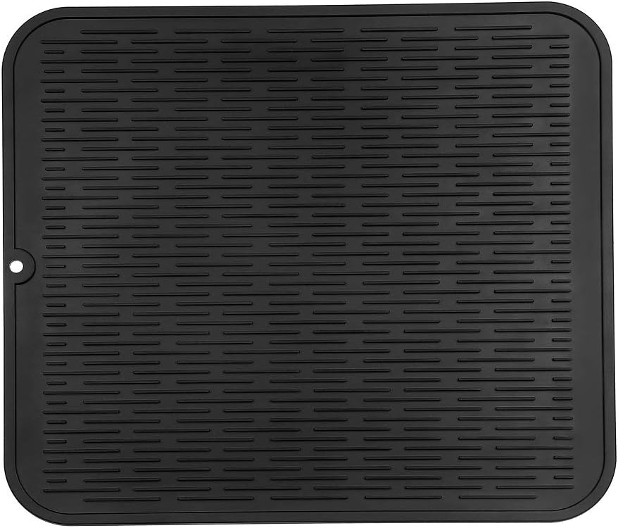 Silicone Dish Drying Mat for Multiple Usage,Easy clean,Eco-friendly,Heat-resistant Silicone Mat for Kitchen Counter or Sink,Refrigerator or Drawer Liner Black XL 18 inches x 16 inches