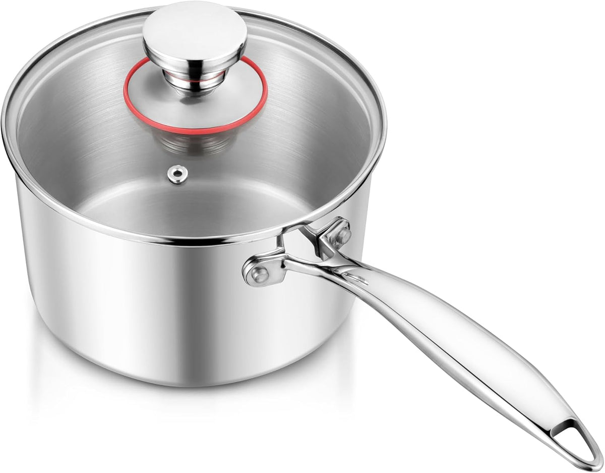 E-far 2-Quart Saucepan, Tri-Ply Stainless Steel Sauce Pan with Glass Lid, Small Cooking Induction Pot Compatible with All Cooktops, Non Toxic, Oven & Dishwasher Safe
