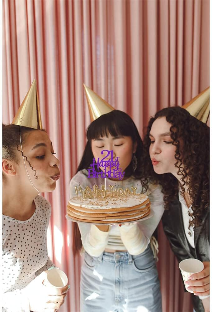 Glittery 21st Happy Birthday Cake Topper with Star,Personalised 21 Birthday Cake Toppers Party Decorations Party Supplies for Boys Girls Purple Silver