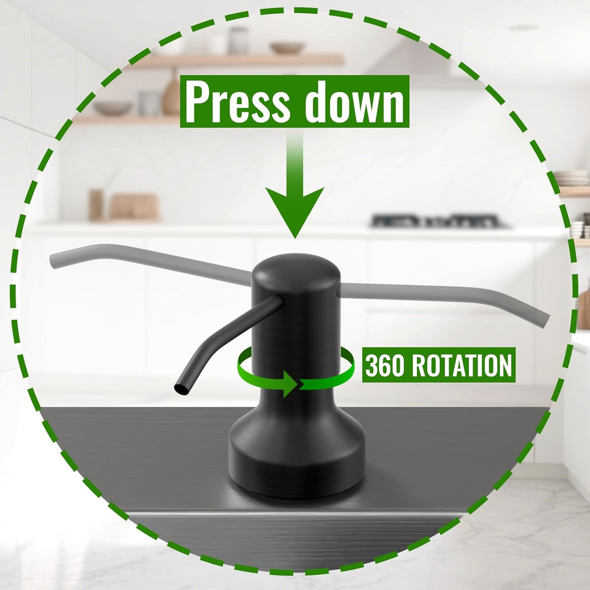 Soap Dispenser for Kitchen Sink, Kitchen Sink Soap Dispenser with 17 OZ Bottle, Refill from The Top Bar, Longer Threaded Shaft Shank, Wide Pump Head Base (Black)