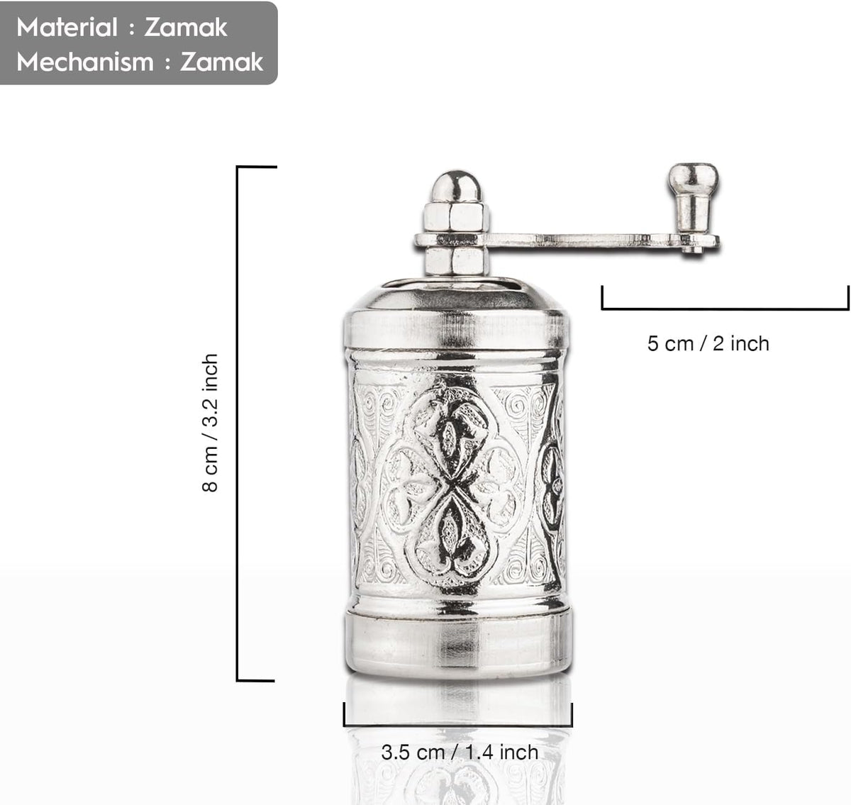 Decorative Handmade Black Pepper Grinder, Refillable Turkish Spice Mill with Adjustable Coarseness, Manual Pepper Mill with Handle, Spice Grinder with Hand Crank 8 cm-3.1 inch