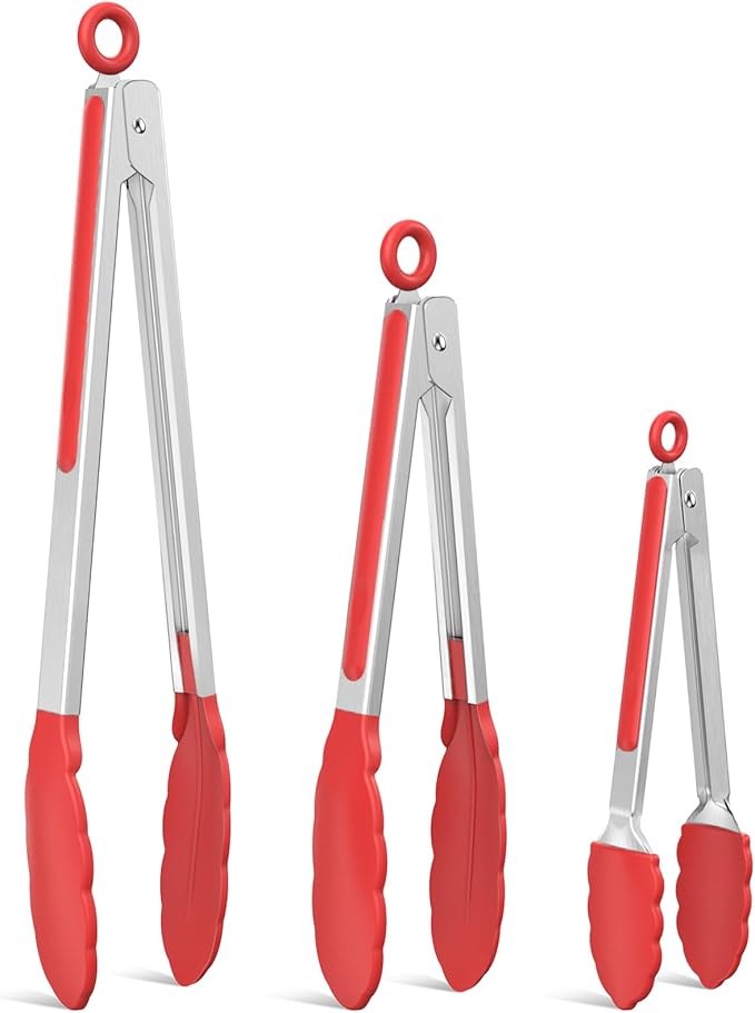NileHome Tongs for Cooking, Professional Stainless Steel Cooking Tongs – Heat-Resistant for Grilling, BBQ, Serving Salad, Pasta, and Kitchen Use, Dishwasher Safe, Set of 7" 9" 12", Red