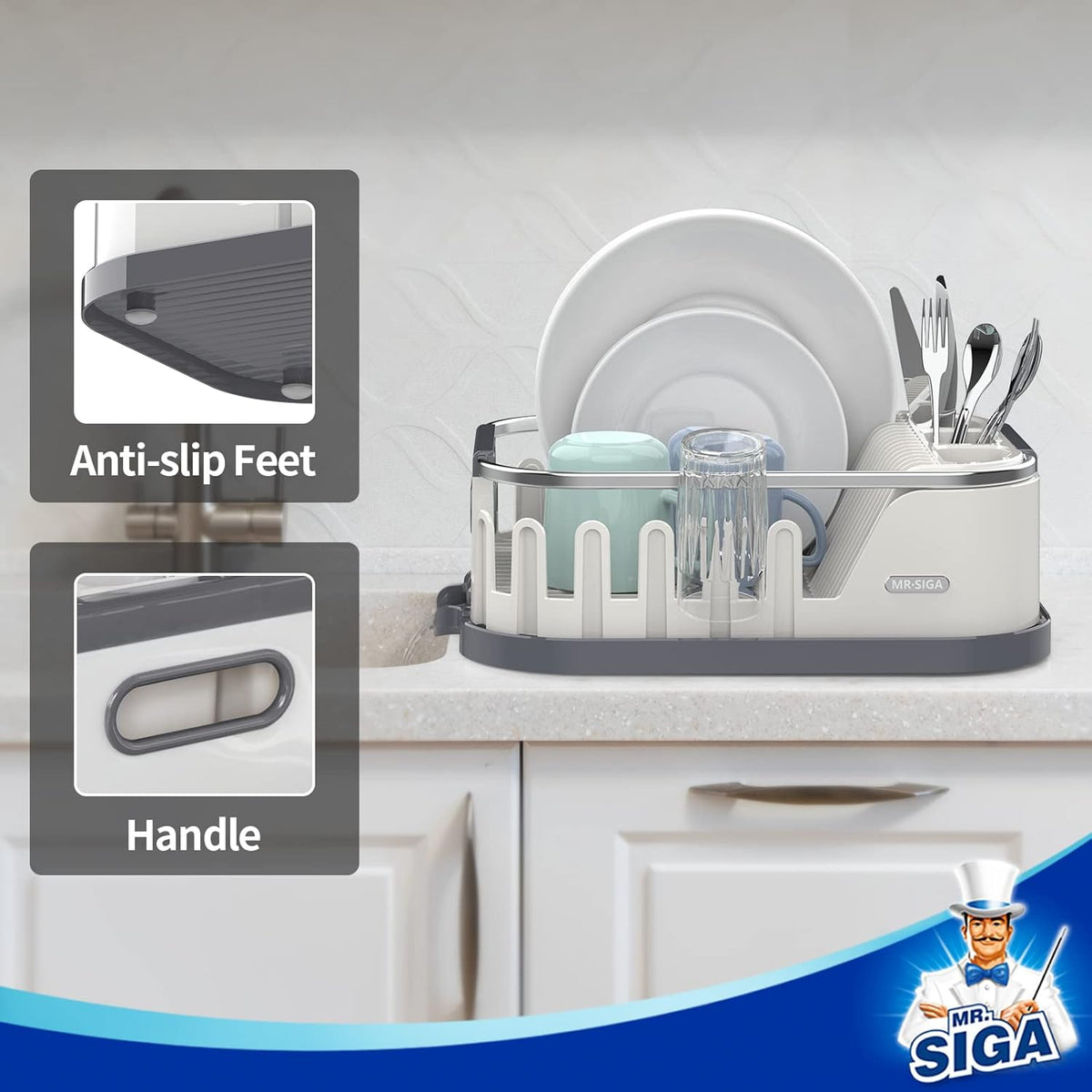 MR.SIGA Dish Drying Rack for Kitchen Counter, Compact Dish Drainer with Drainboard, Utensil Holder and Cup Rack, Plastic Kitchen Drying Rack for Dishes, Cups, Knives, Spoons and Forks, White