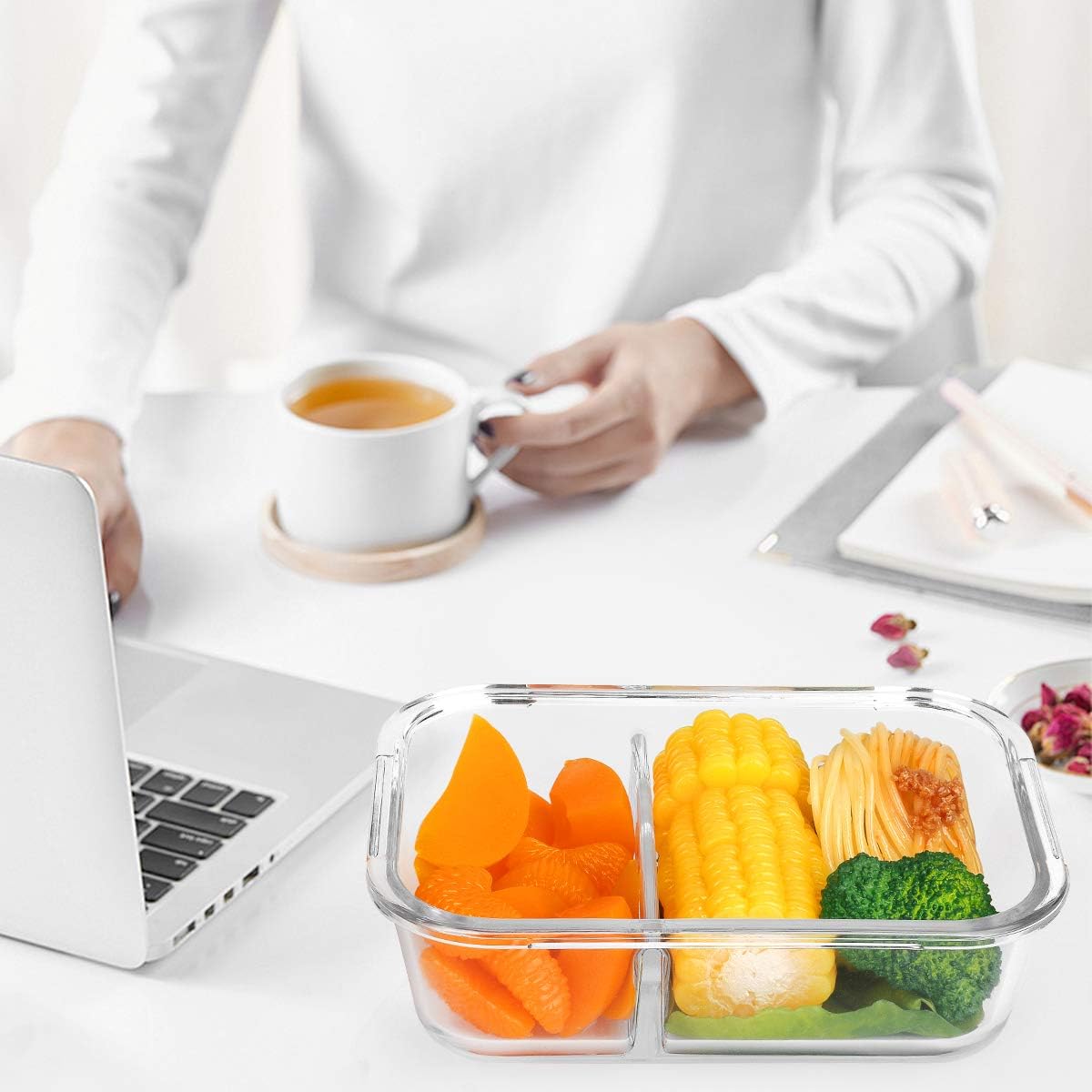 [5-Pack,36 Oz]Glass Meal Prep Containers 2 Compartments Portion Control with Upgraded Snap Locking Lids Glass Food Storage Containers, Microwave, Oven, Freezer and Dishwasher (4.5 Cups, White)