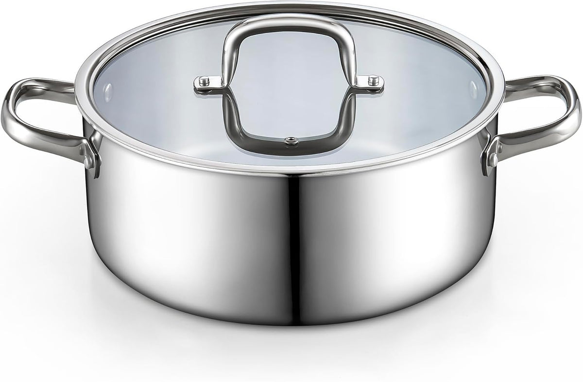 Cook N Home Stainless Steel Stockpot with Lid 7 Quart, Tri-Ply Clad Dutch Oven Soup Pot, Induction Cooking Pot, Silver