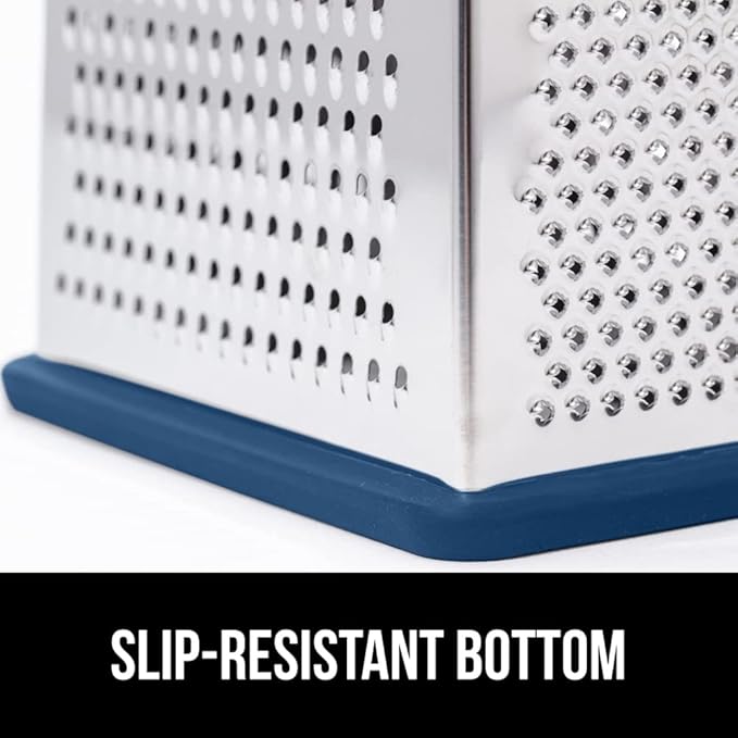 GORILLA GRIP 4-Sided 100% BPA-Free Cheese Grater With Container, Stainless Steel XL Box Graters, Parmesan Shredder, Grate Cheeses, Shred Veggies, Slip Resistant Handle, Dishwasher Safe Zester, Blue