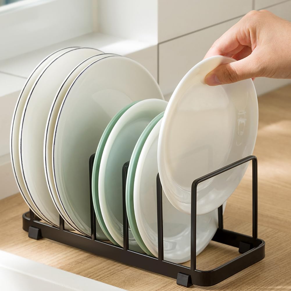 Plate Home Accented Storage Rack, Metal Dish Rack, Plate and Bowl Organizer for Kitchen Cabinets (Black)