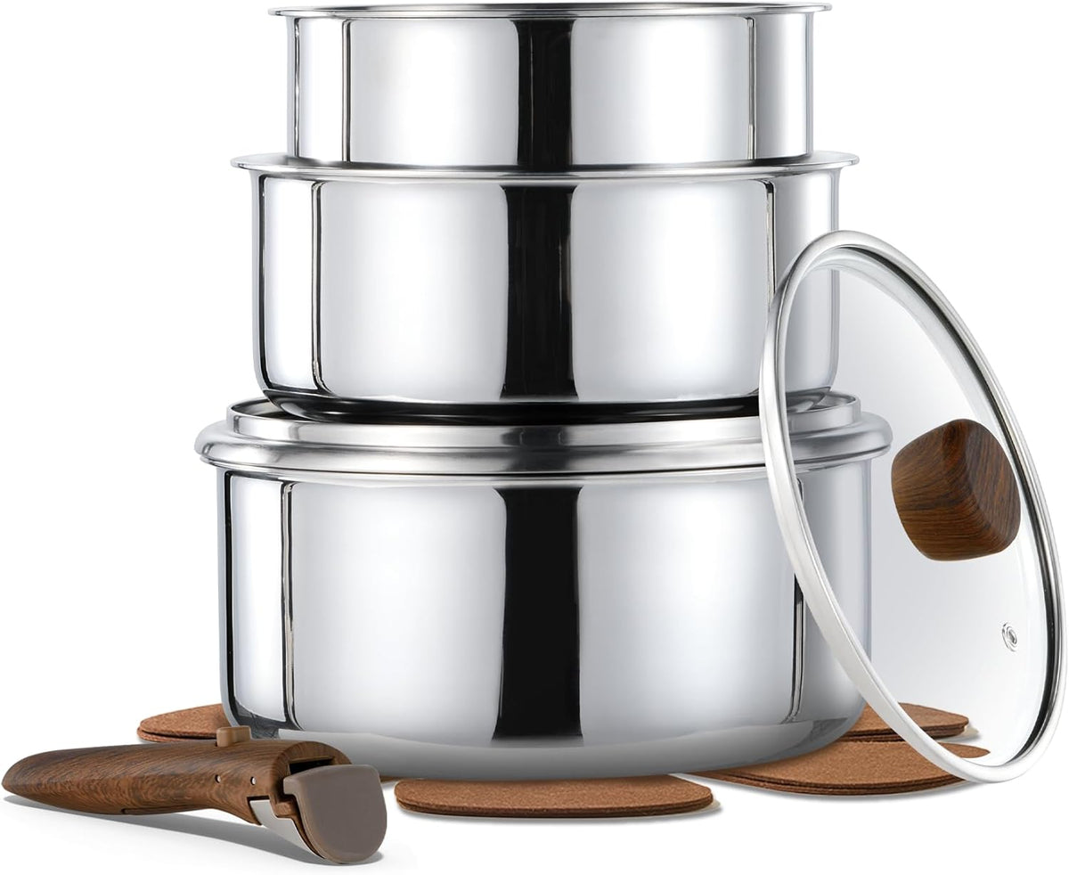 CAROTE Stainless Steel Sauce Pan with Detachable Handle, 1.5QT&2QT&3QT 8pcs Saucepan with Lid, Stainless Steel Pot, Nonstick Induction Kitchen Cookware, Removable Handle, Oven Safe, Woodgrain