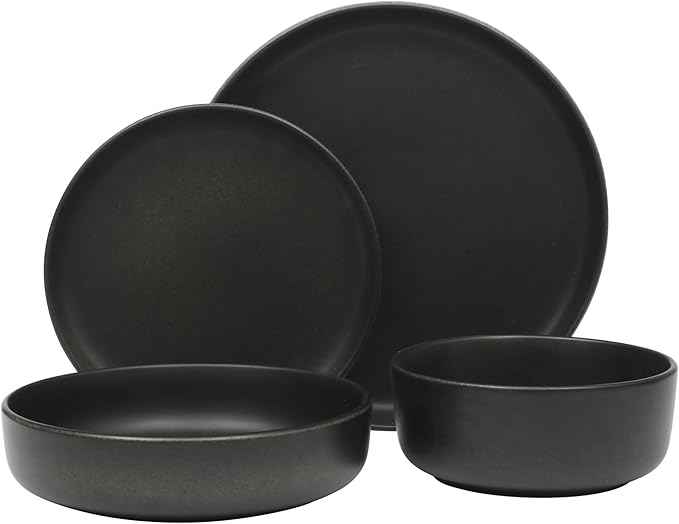 Gibson Elite Pasco 16 Piece (Service for 4) Plates and Bowls Double Bowl Reactive Glaze Dishes Stoneware Ceramic Dinnerware Set - Black