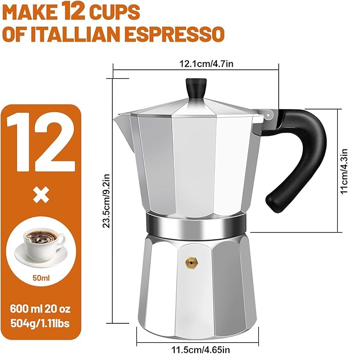 12 Cup Aluminum Espresso Stovetop Moka Pot Express Coffee Maker Percolator Italian Classic Mocha Coffee Machine for Italian and Cuban Cafe Brewing for Home & Camping 600ml 20oz