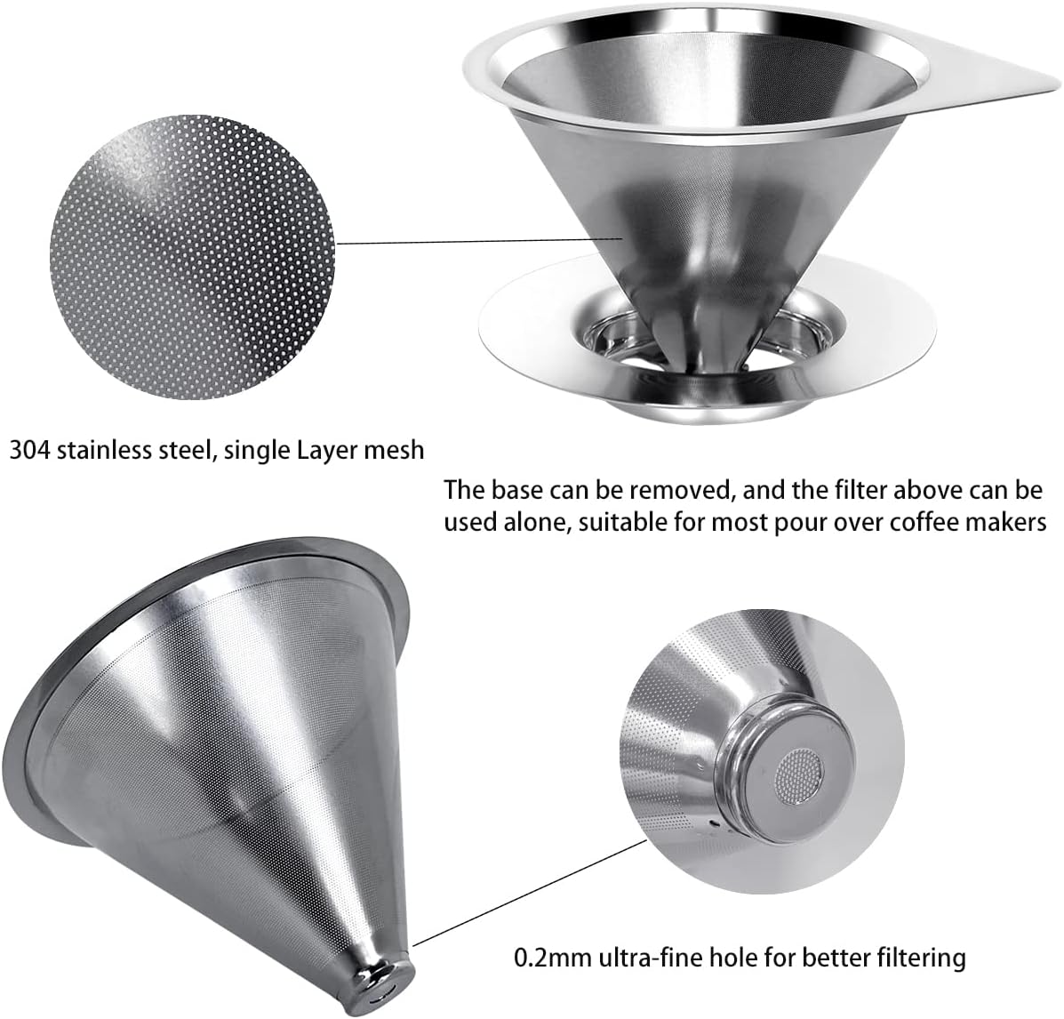LHS Pour Over Coffee Dripper Reusable Coffee Filter Paperless Coffee Filter Stainless Steel Pour Over Coffee Maker Cone Coffee Dripper for 1-2 Cup,Silver