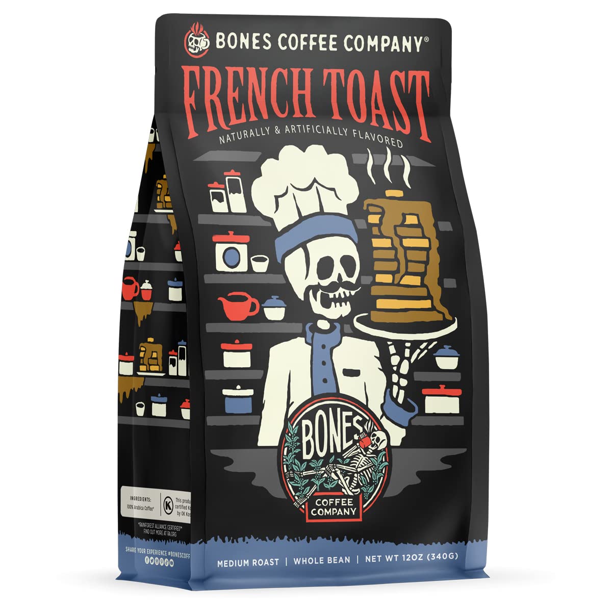 Bones Coffee Company French Toast, Sweet and Buttery Flavored Flavored Coffee, Medium Roast Low Acid Arabica Beans Compatible with Auto drip and French Press Coffee Maker, 12 Oz Whole Bean