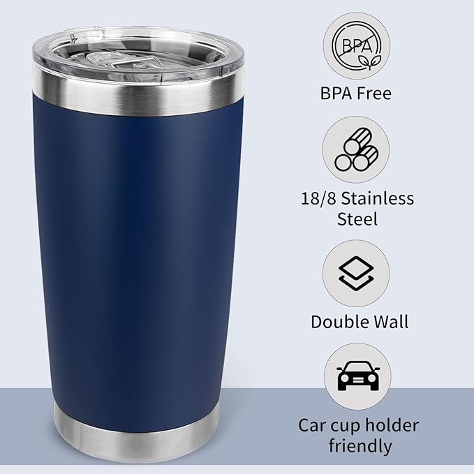 20oz Stainless Steel Tumbler with Lid, Travel Mug - Double Wall Vacuum Powder Coated Cup - Navy Blue, 1 Pack