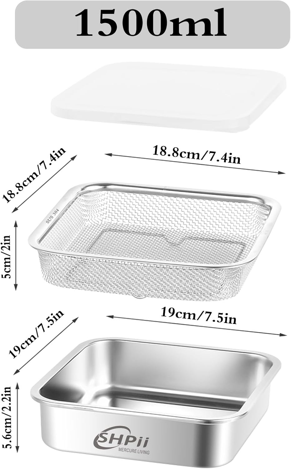 Square Colander Set,304 Stainless Steel with PE Lid,Storage Container,Prep,Tofu Drainer,Shellfish Drainer,Back of House Preparation,Refrigerator Storage,Picnic Party (1500ML)