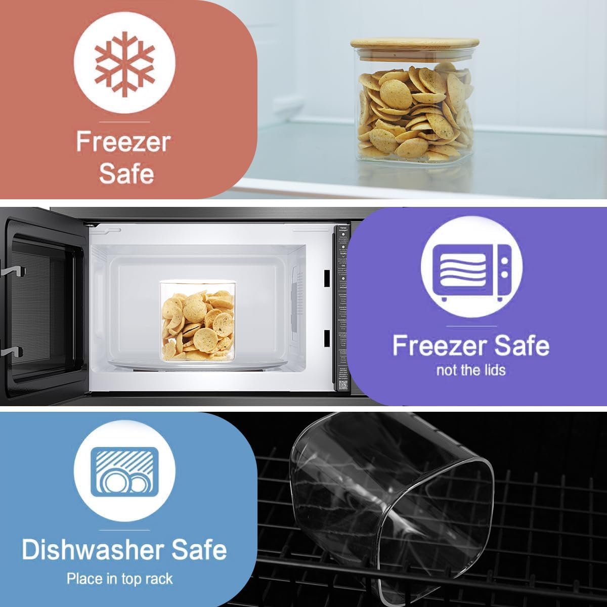 6 Pack Square Glass Pantry Storage Containers with 132 Kitchen Food Pantry Labels - 24 floz Clear Glass Pantry Jars with Airtight Wood Bamboo Lids - Glass Canisters for Sugar, Cereal, Coffee, Spice