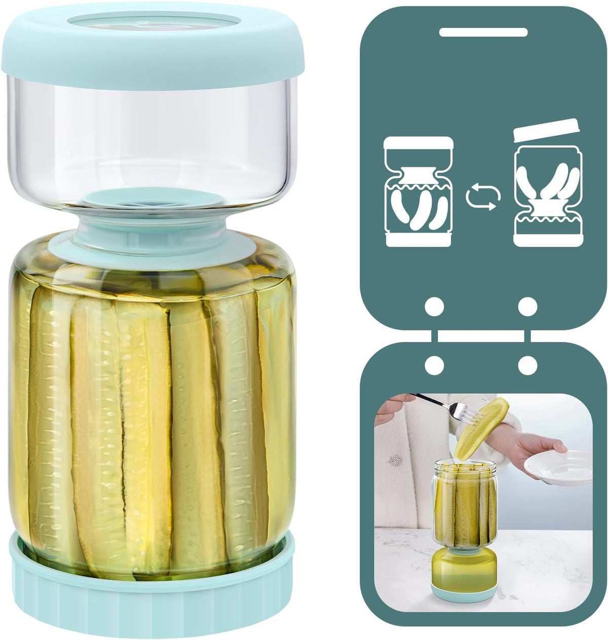 Luvan Hourglass Pickle Jar with Strainer Flip - 46oz Glass Container for Pickles, Olives & Jalapenos, Leakproof Airtight Lid, BPA-Free Juice Separator, Dishwasher Safe Storage Solution