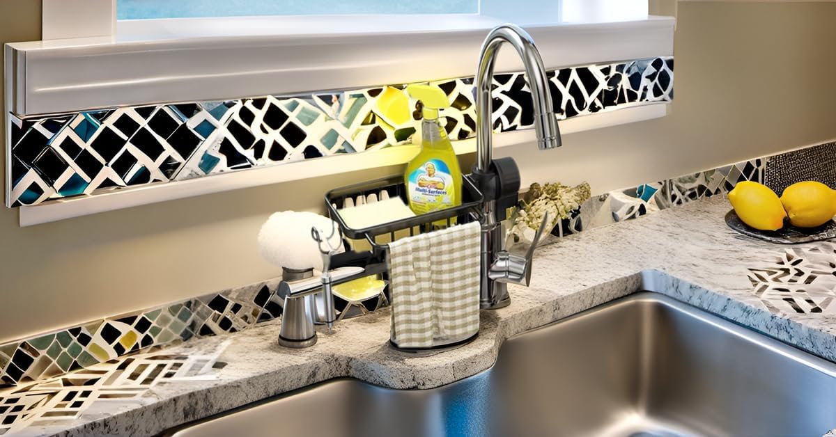 Kitchen Sink Faucet Organizer, Dish Sponge Holder Over Faucet Kitchen Sink Caddy Organizer with Hook for Bathroom, Scrubbers, Soap, Work with 0.7-1.1inch Round Water Pipe (Black,Left)