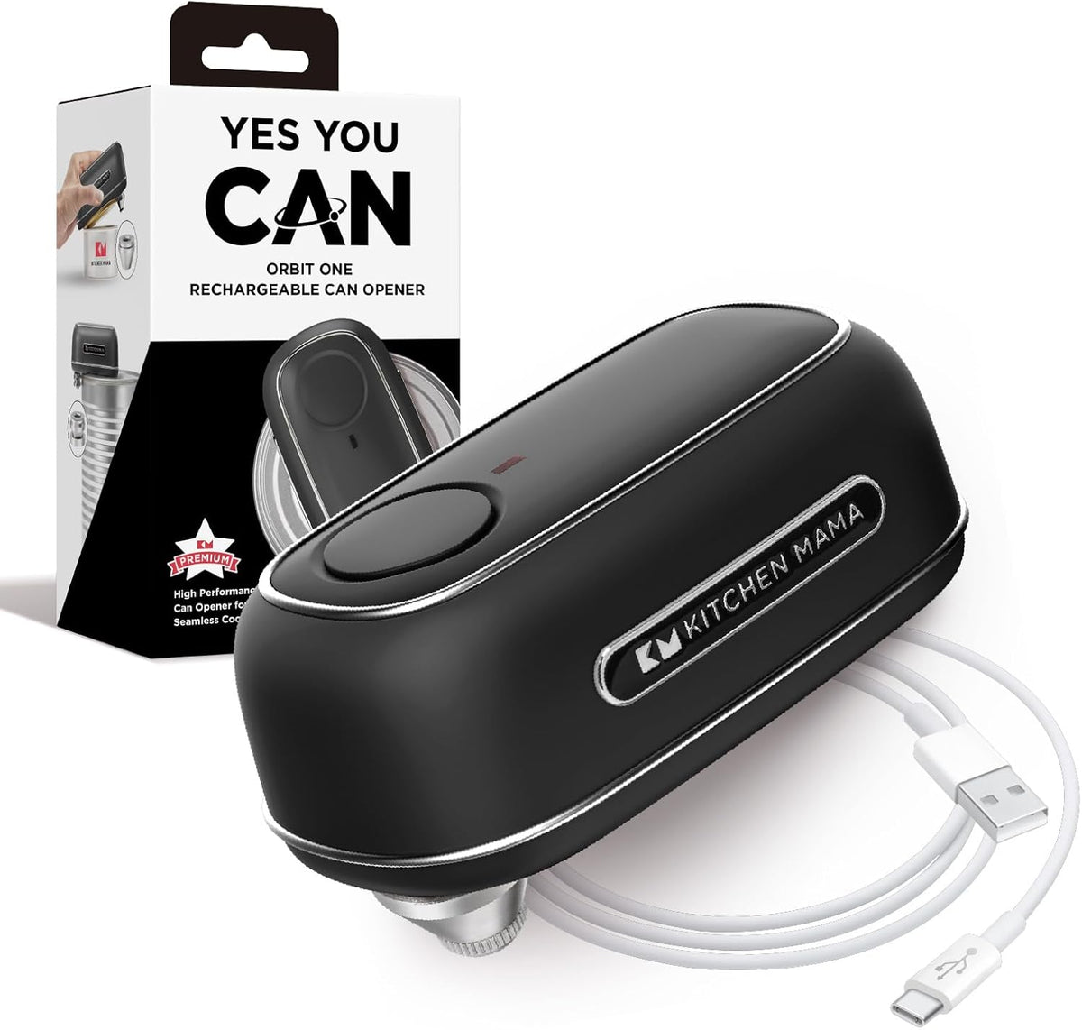 Kitchen Mama Orbit One Rechargeable Electric Can Opener: Hands-free, USB-C Charging, Automatic Stop, Smooth Edge, Safety, Blade for Large Cans, Heavy Duty, Soda and Pop Can, with Storage Box (Black)
