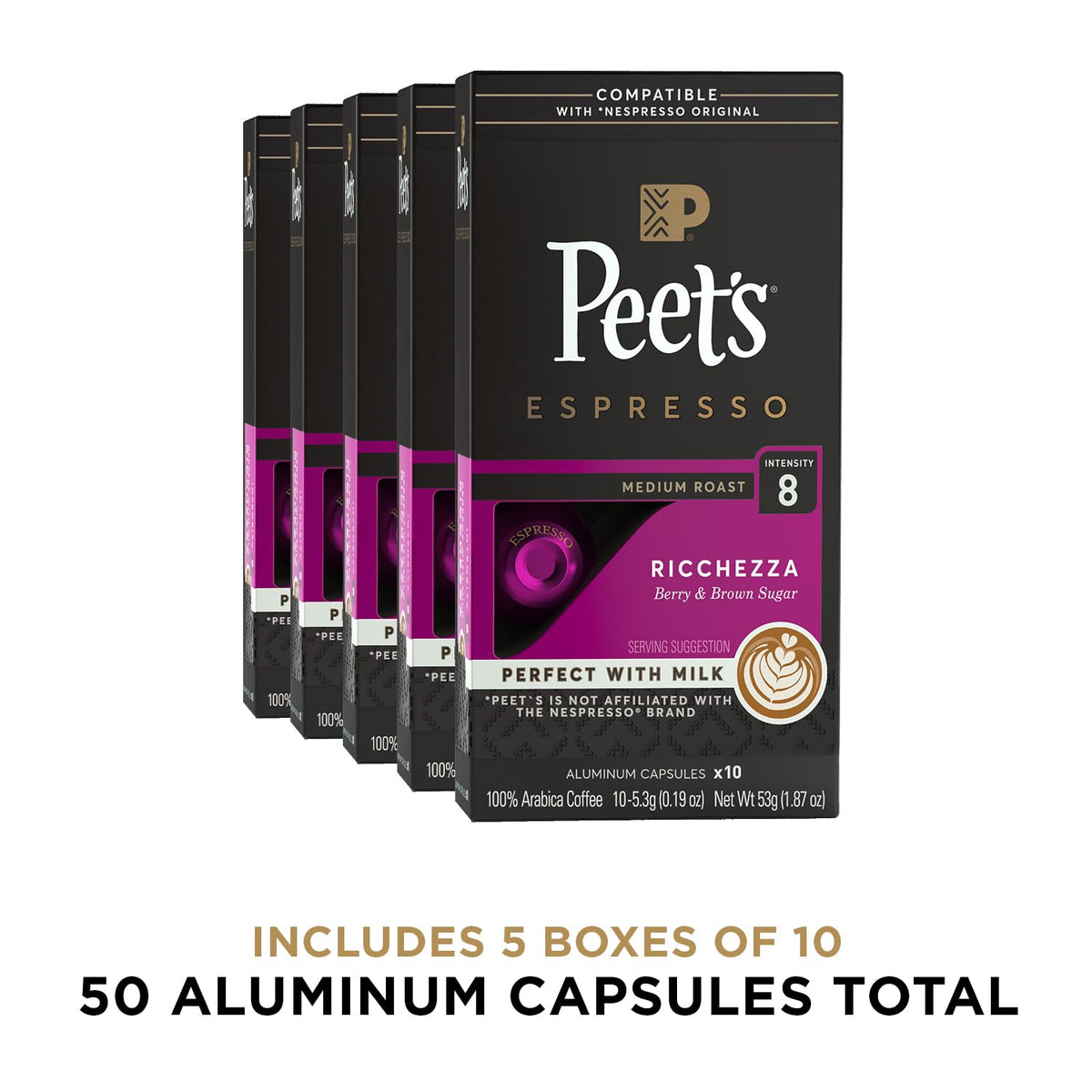 Peet's Coffee, Medium Roast Espresso Capsules, Compatible with Nespresso Original Machine - Ricchezza Intensity 8, 50 Count (5 Boxes of 10 Espresso Capsules)