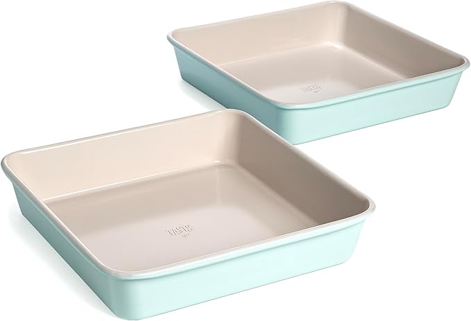 Tasty Clean Ceramic Square Cake Pans Set, 2-Pack of 9-Inch Cake Pans, Durable Aluminized Steel for Professional Results, Clean Ceramic Nonstick Coating, Oven Safe to 425°F, Dishwasher Safe, Aqua