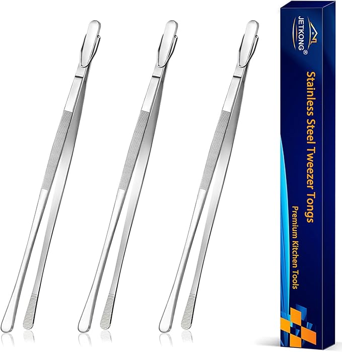 JETKONG 3 Pcs 12-Inch Cooking Tweezer Tongs Food Tweezers for Kitchen and Barbecue (12 12 12 Inch, Silver)
