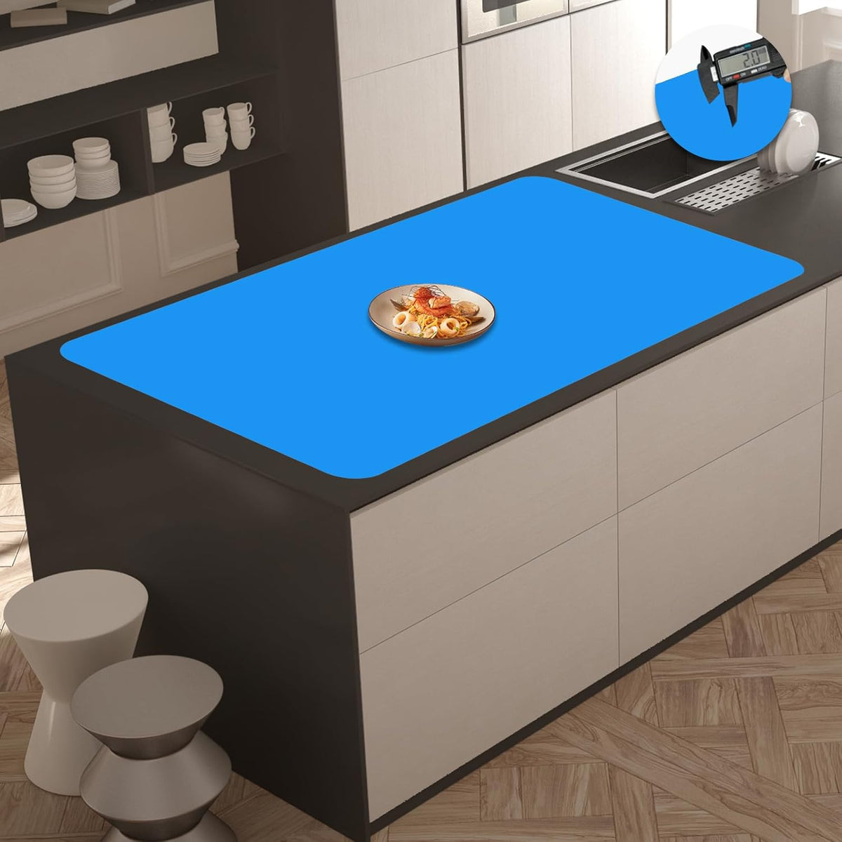 2MM Extra Thick Silicone Mats for Kitchen Counter, 35.4"x23.6" Kitchen Island Largest Heat-Resistant Baking Mat, Thicker Non-slip Desk Protect Mat, Multipurpose Countertop Protector (Bright Blue)