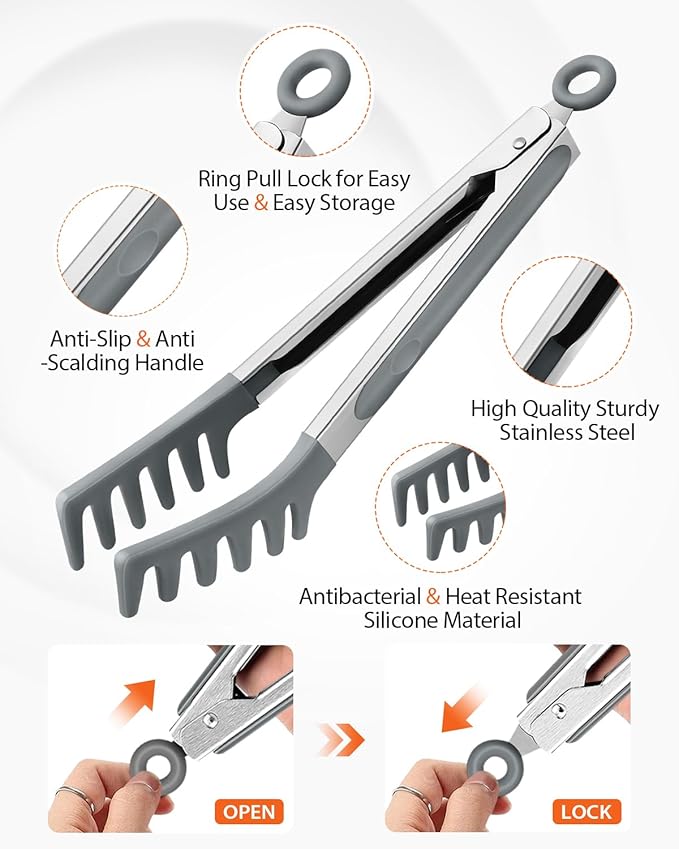 Silicone Spaghetti Spoon & Pasta Tong, Non-Stick Stainless Steel Handle Pasta Fork Set with Teeth, Food Clip for Easy Serving of Noodles(Grey)