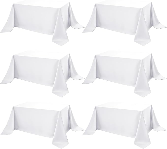6-Pack White Tablecloths for Rectangle Tables, 90 x 132 Inches, Stain-Resistant Polyester Fabric for 8 Foot Tables - Washable Table Covers for Weddings, Banquets, Birthday Parties, Events