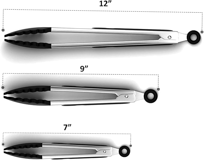 Black Stainless Steel Tongs Set – 7”, 9” & 12” Heat Resistant Kitchen Tongs with Silicone Tip, Strong Grip for Cooking, Salad Tossing, Air Fryer, BBQ & Grill – Pull Lock, Black – Set of 3