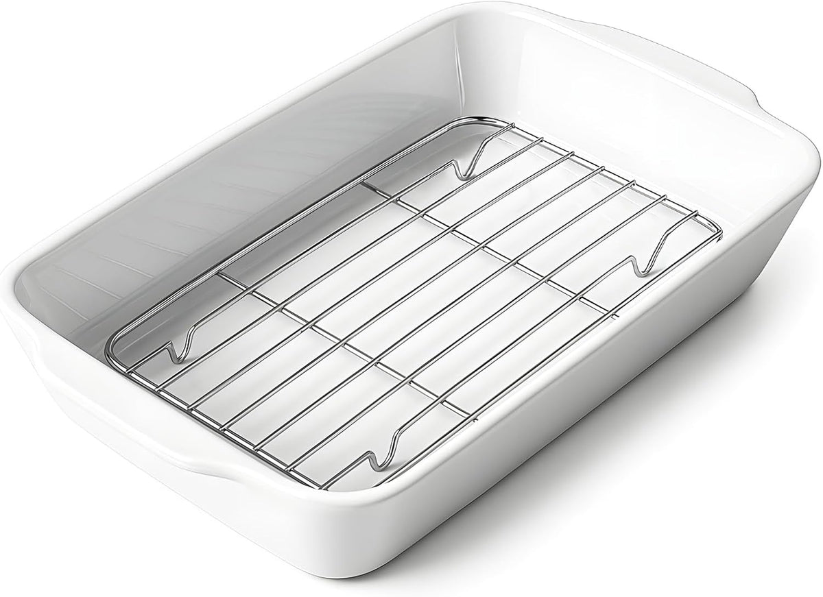 Casserole Dish with Roasting Racks, 3 QT Baking Dish with Handles, White Bakeware, Ceramic Baking Pan, Microwave Oven Safe, Dinner, Wedding (13.6"*8.7")