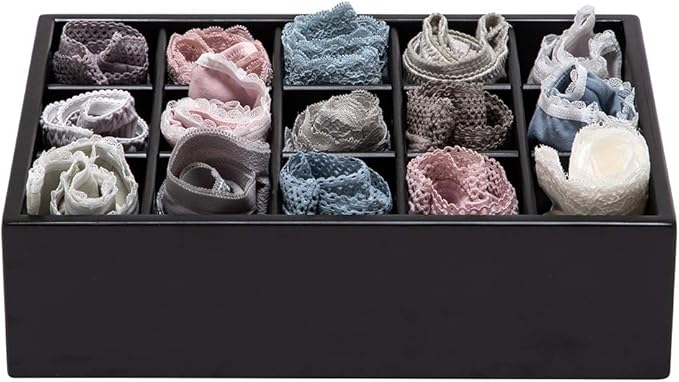 GOBAM Bamboo Closet Drawer Organizer, 15 Compartments - Drawer Divider & Storage Box for Ties, Bras, Briefs, Socks & Jewelry - Storage Organizer for Dressing Room & Bedroom - Black