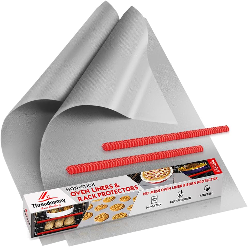 Oven Liners for Bottom of Oven Silver (2-pack) Bundled with Rack Shields (2-pack) - Large Mat for Bottom of Stove (17"x 25") and 14" Silicone Rack Protectors - Reusable & Heat Resistant