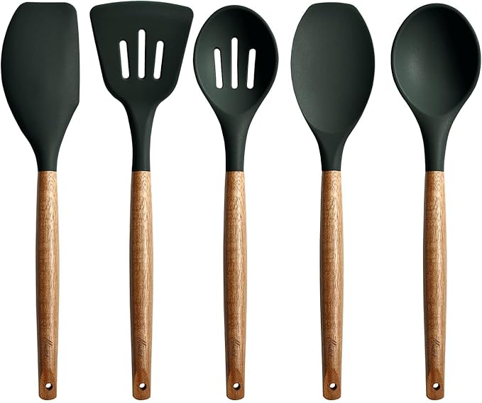 Miusco Non-Stick Silicone Cooking Utensils Set with Natural Acacia Hard Wood Handle, 5 Piece, High Heat Resistant (Green)