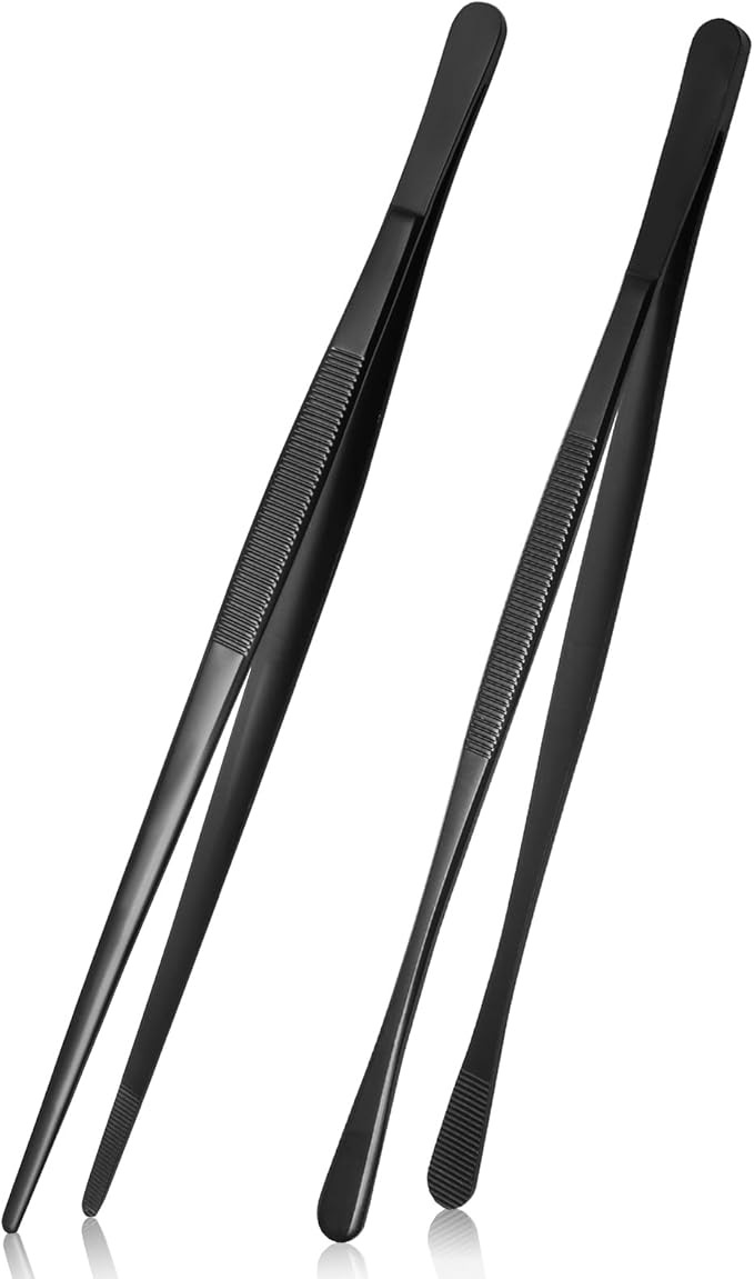 Litoexpe 2 PCS 10 Inches Fine Tweezer Tongs, Stainless Steel Cooking Tongs for BBQ Sea Food Repairing Serving, Black