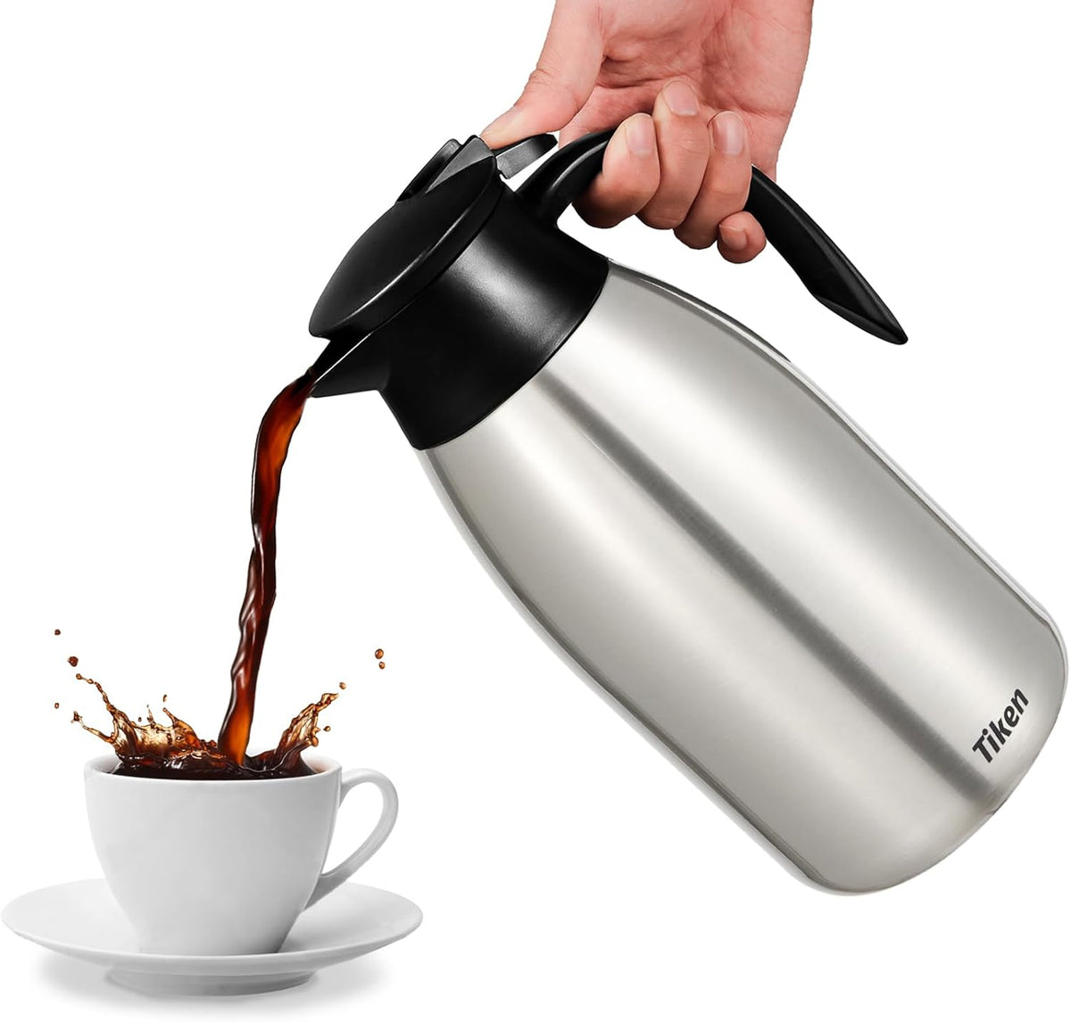 Tiken 85 Oz Thermal Coffee Carafe, Stainless Steel Insulated Vacuum Coffee Carafes For Keeping Hot, 2.5 Liter Beverage Dispenser (Silver)