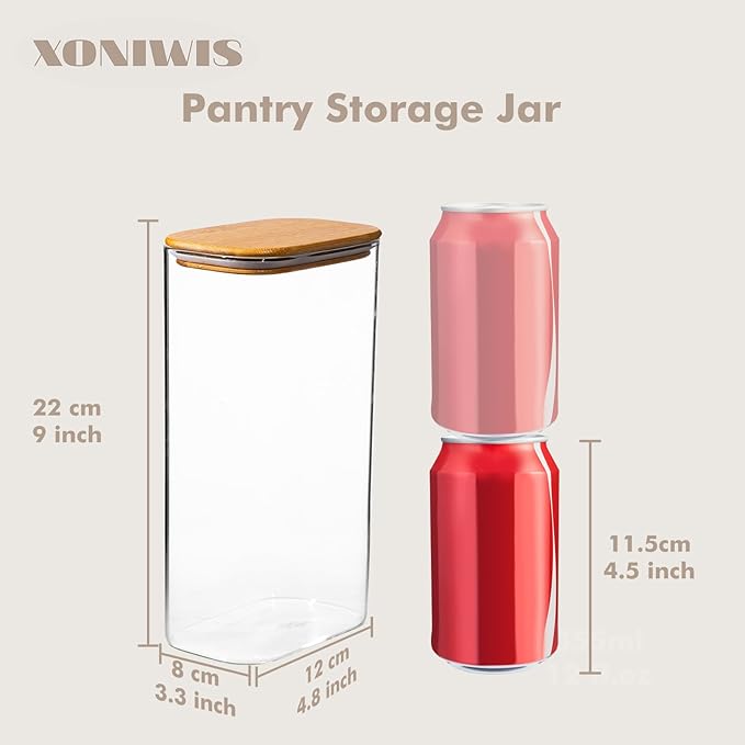 54oz 3PCS Rectangle Glass Storage Containers with Lids, Glass Jars with Bamboo Lids, Clear Food Storage Jar, Sugar Coffee Containers, Pantry Container for Pasta, Rice, Flour, Oats, Tea