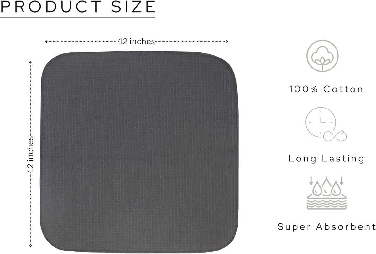 PurpleEssences Dish Cloths and Dish Rags - 6 Pack Waffle Weave Solid Kitchen Dish Wash Cloths, 100% Cotton, 12 x 12 Inches, Ultra Soft Absorbent Quick Drying - Spring Summer - Dark Grey