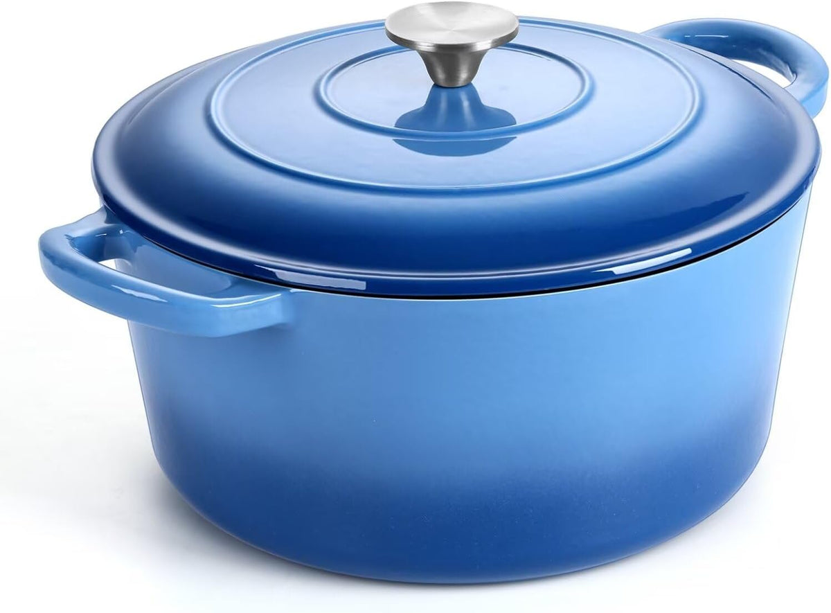 P&P CHEF 6QT Enameled Dutch Oven, Cast Iron Dutch Oven Pot with Lid for Bread Baking, Enameled Casserole Pot for Roasting Braising Stewing Frying Simmering, Various Stoves & Easy Clean, Blue