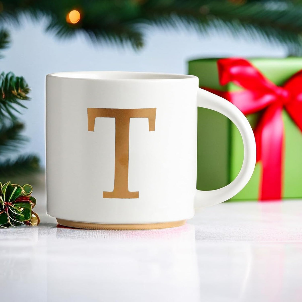 COLLECTIVE HOME - Monogram Ceramic Mugs, 15 oz Golden Initial Coffee Cups, Elegant Alphabet Tea Mugs, Elegant Personalized Mug with Gift Box, Unique Mug with Double Side Capital Letter (T)