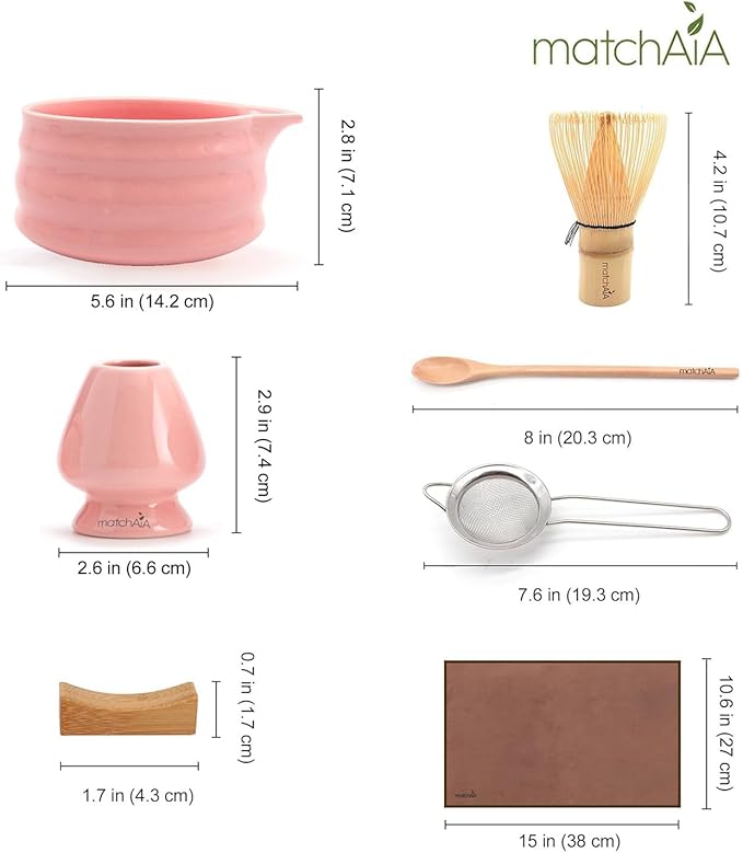 Matcha Whisk Set - Ceramic Bowl, Bamboo Whisk with Holder, Sifter, Schima Spoon, Spoon Rest and Tea Towel - 7 Pcs Complete Kit for Traditional Matcha and Modern Lattes (Pink)