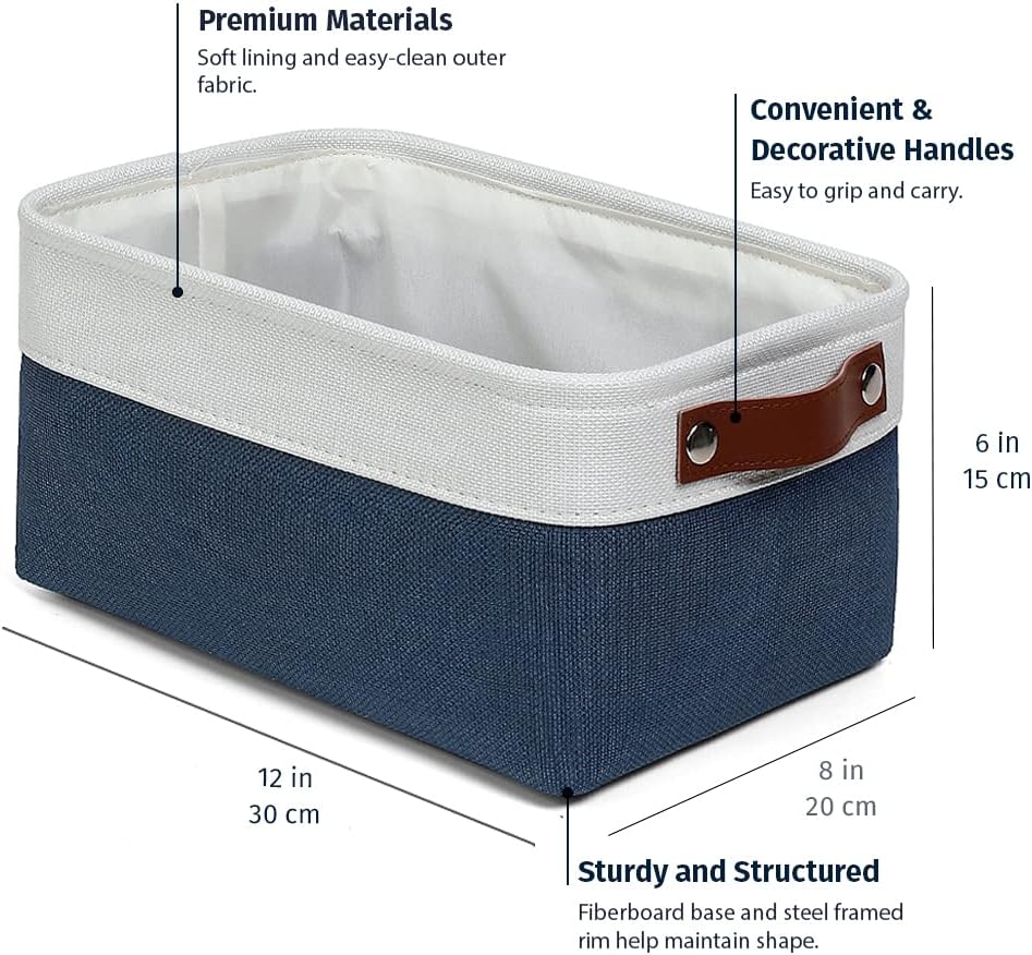 OrganiHaus Small Fabric Storage Baskets for Shelves 3 Pack, 12x8in Closet Storage Bins for Shelves, Cloth Baskets for Organizing, Linen Closet Organizers, Fabric Basket, Navy Blue/White