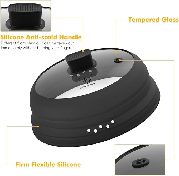 Microwave Splatter Cover Glass Cover Guard Lid with Collapsible Silicone for Food Pot Plate Cover 9.8 inch Black