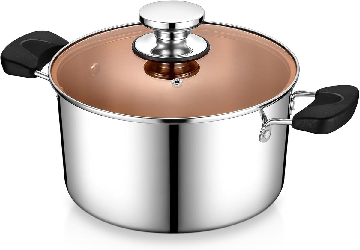 P&P CHEF Stainless Steel 3-Ply Sock Pot with Lid, Stockpot for Cooking Pasta & Stewing Soup, Fits Multi Stoves, Heat-proof Handle & Clear Lid, Heavy Duty & Dishwasher Safe, 5 Quarts