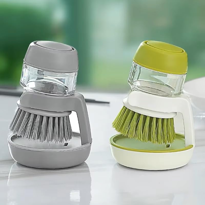 Soap Dispenser Palm Dish Brush with Storage Bracket – Drainage Base, Easy-to-Clean Kitchen Utensil Cleaner | Includes Extra Soft Bristle Brush (Gray&Green)