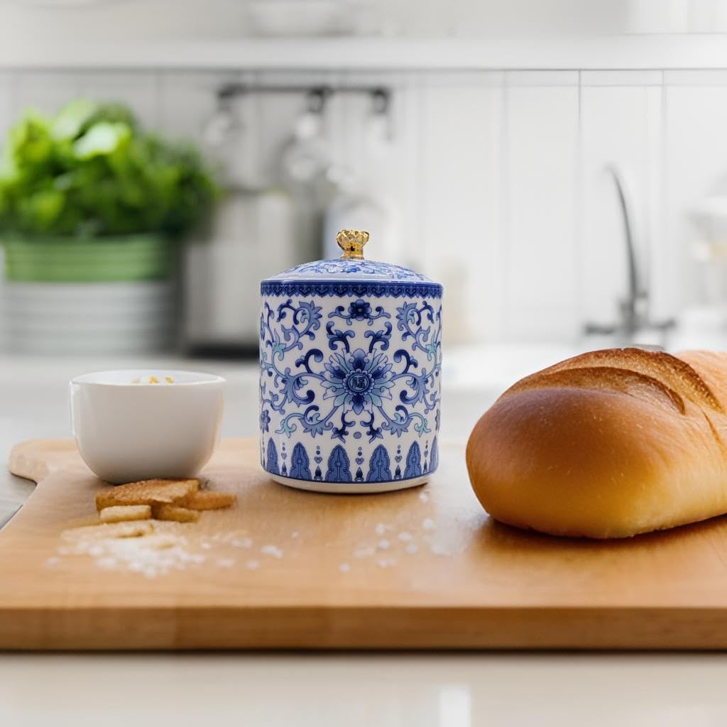 Small Vintage Blue and White Porcelain Salt Cellar with Lid Ceramic Salt Holder Container for Countertop, Airtight Spice Jar, Kitchen Storage Dish